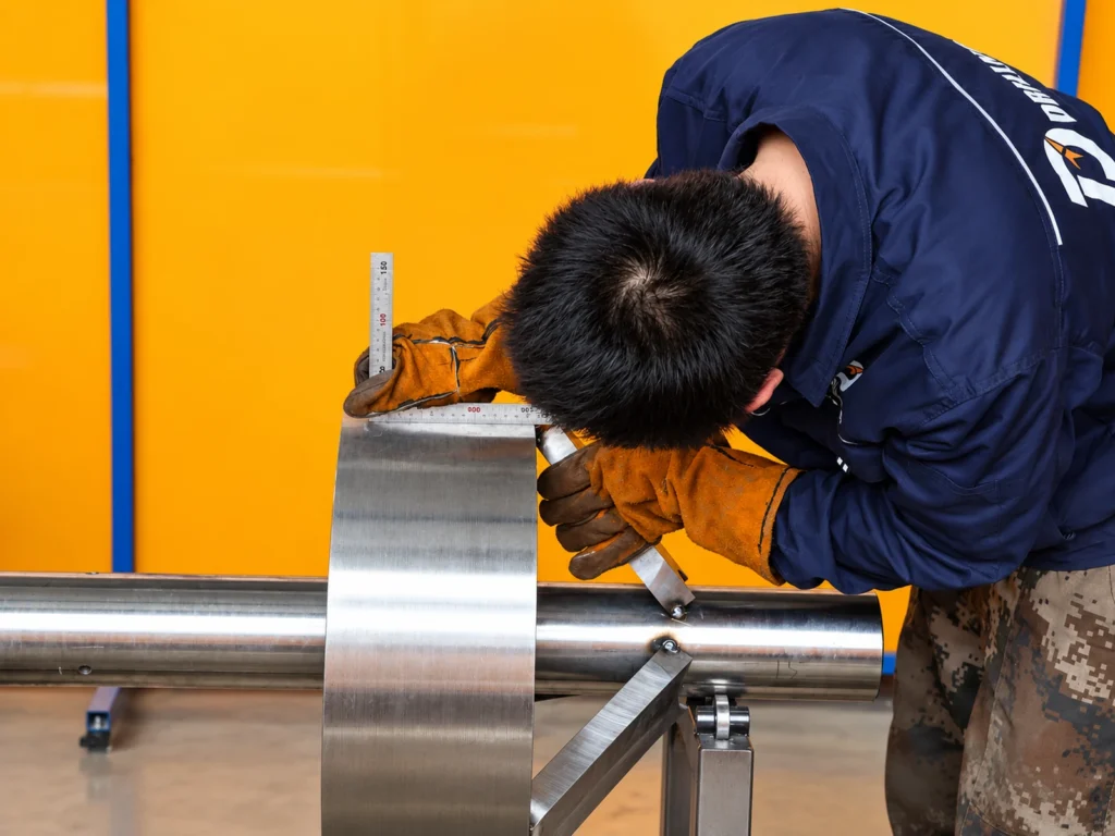 Technician checking the alignment of a curved steel plate on a machined shaft