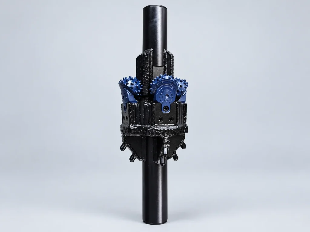Front view of an HDD bolt-on hole opener with replaceable roller-cone cutters