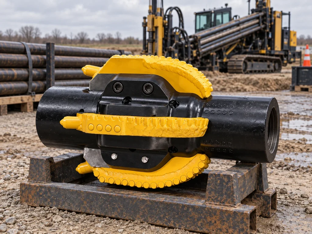 Bolt-On PDC Reamer prepared for bore enlargement at an HDD jobsite