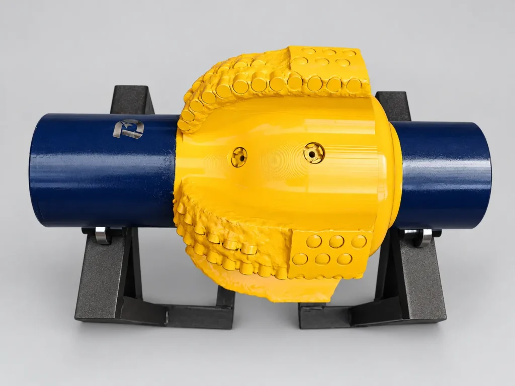 Side view of a DRILLNOVA fixed blade PDC reamer with jetting nozzles