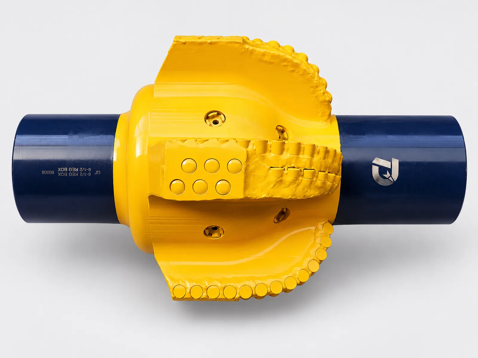 Top view of a yellow fixed type PDC reamer with PDC cutter blades and blue connections.
