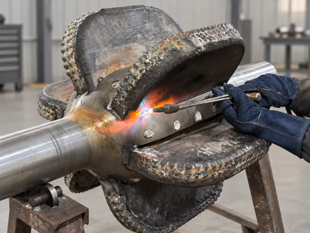 Technician wearing navy-blue gloves welding the cutting blades of a fixed type PDC reamer.