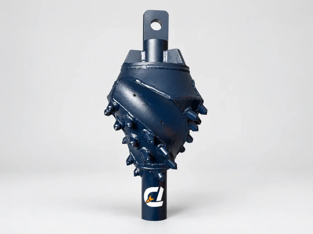 Front view of a dark blue Fluted Reamer with spiral flutes and carbide cutting teeth.