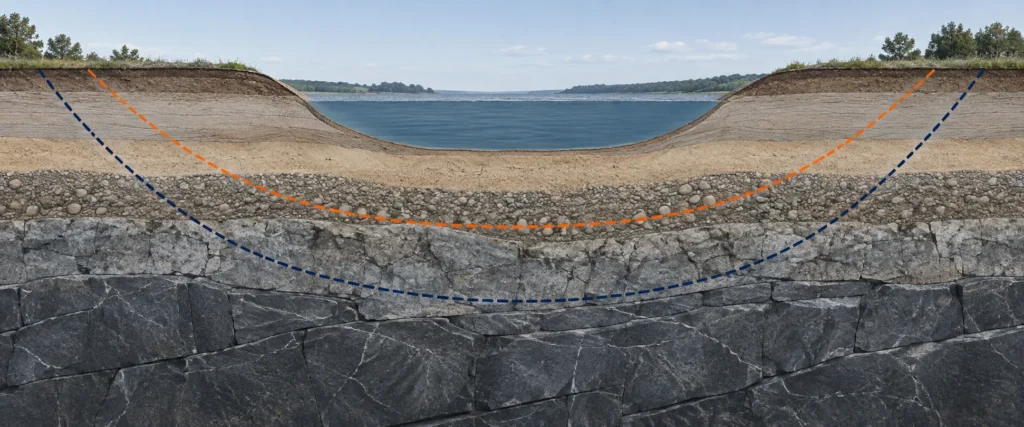 Layered soil, gravel, weathered rock and hard-rock profile with alternative HDD bore paths
