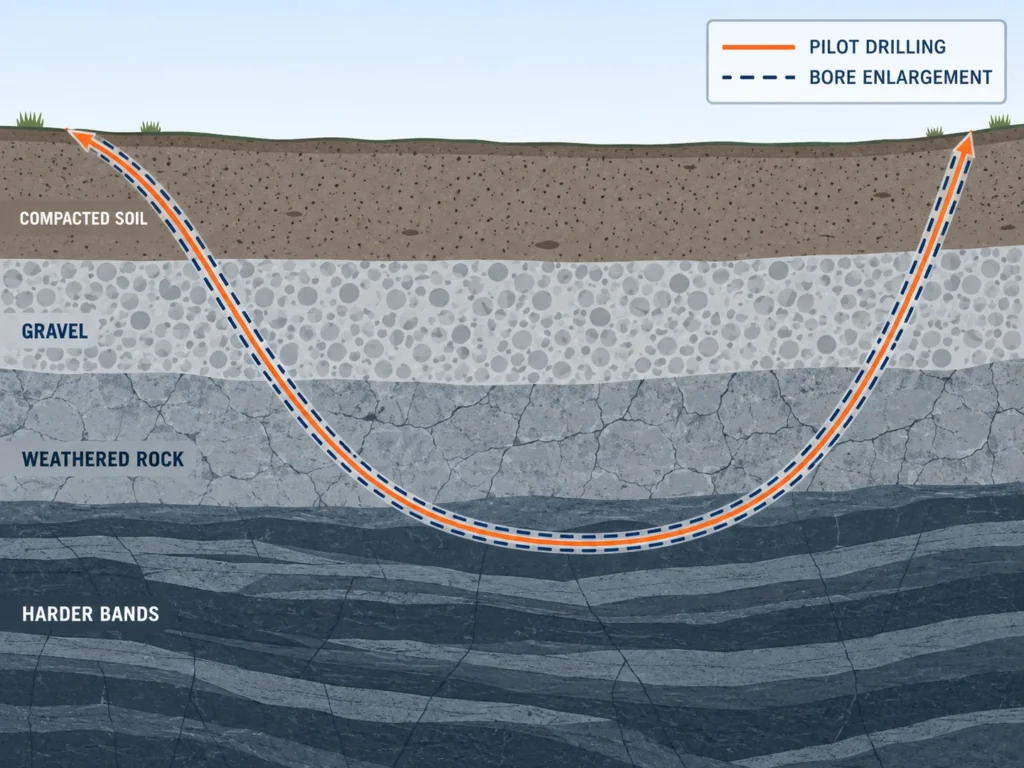 HDD pilot drilling and bore enlargement path through medium-hard mixed formations