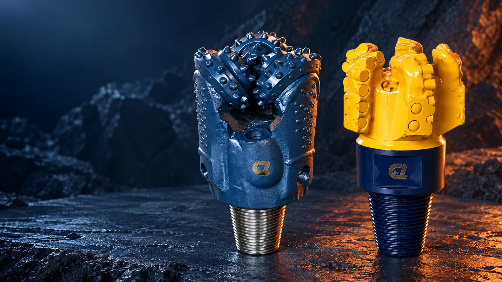Blue tricone bit and yellow PDC bit compared for HDD rock pilot drilling