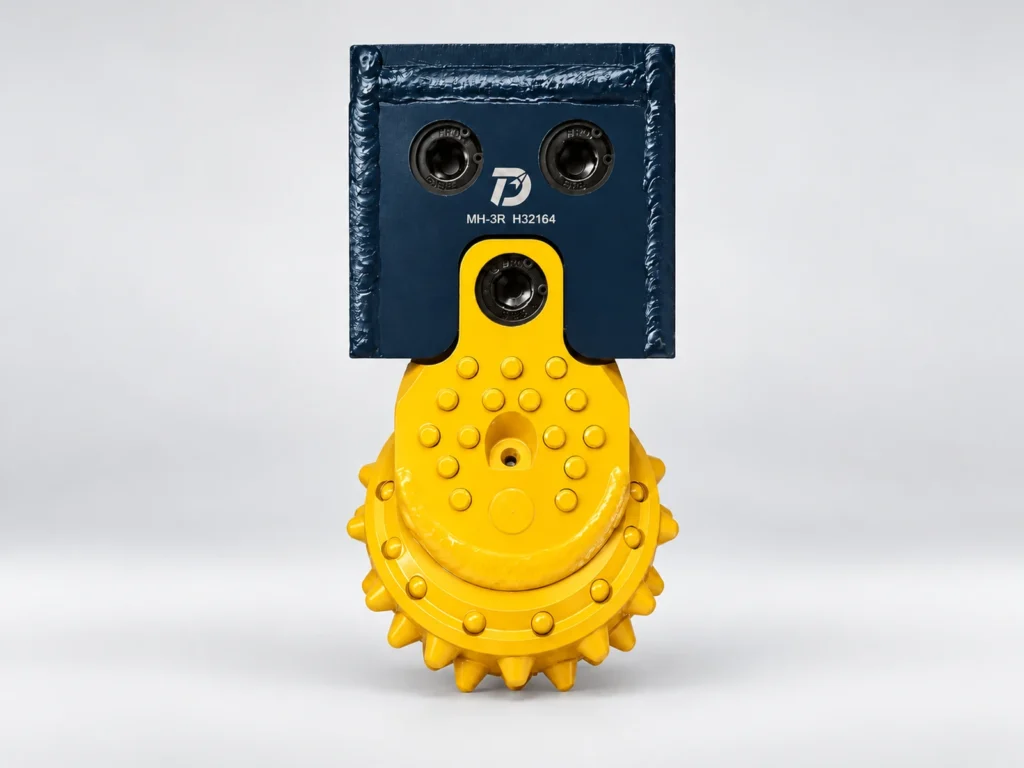 Front view of a yellow Replaceable Roller Bit mounted to a dark blue support block.