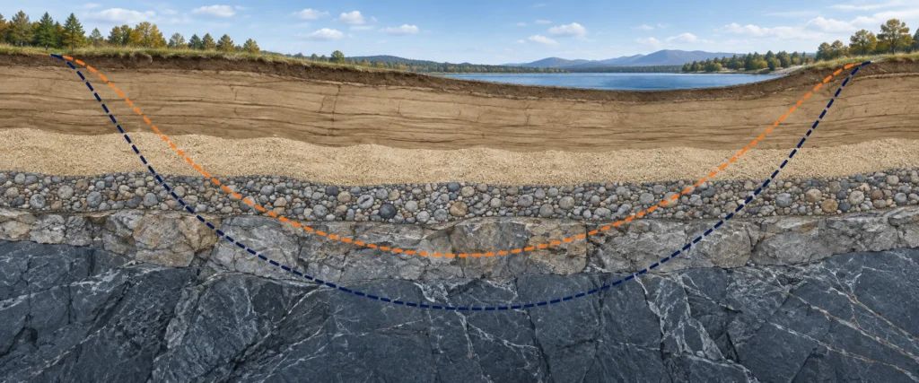 Layered soil, gravel, weathered rock and hard rock formation profile with alternative bore paths
