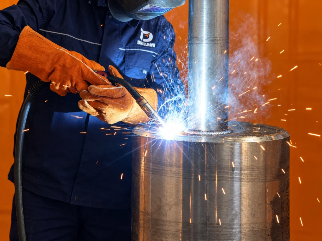 Welder joining a vertical shaft to a large cylindrical steel component